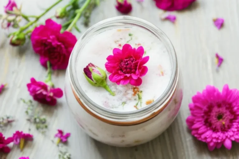 Amaciante caseiro perfumado naturalmente em um pote de vidro, com flores e ingredientes frescos ao redor.
