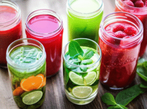 Variadas bebidas detox coloridas, com frutas e vegetais frescos, para perder barriga naturalmente.