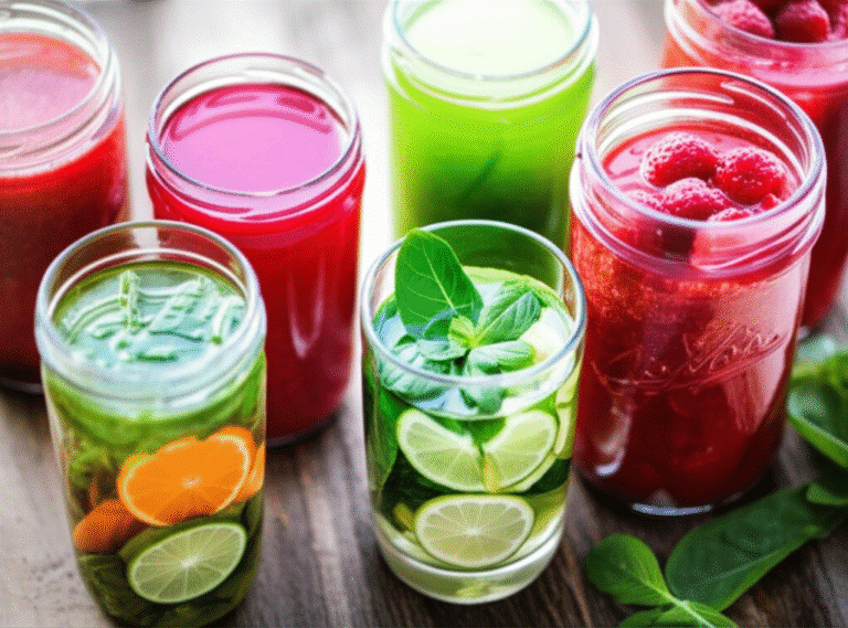 Variadas bebidas detox coloridas, com frutas e vegetais frescos, para perder barriga naturalmente.