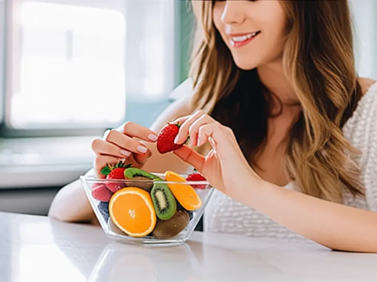 Mulher feliz comendo frutas frescas para melhorar a imunidade naturalmente. Saúde e bem-estar.