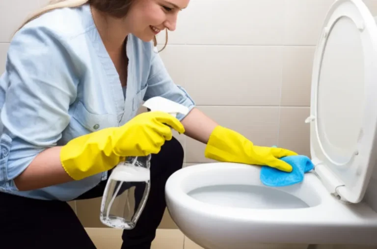 Mulher sorrindo aplicando misturinha para limpar banheiro naturalmente em vaso sanitário reluzente.