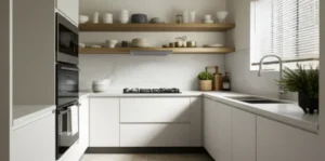 Uma cozinha moderna, organizada e limpa, com prateleiras e bancadas otimizadas. Organização de cozinha impecável.