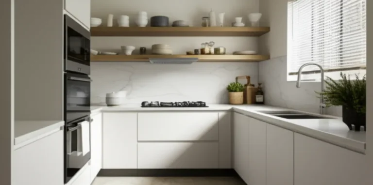 Uma cozinha moderna, organizada e limpa, com prateleiras e bancadas otimizadas. Organização de cozinha impecável.