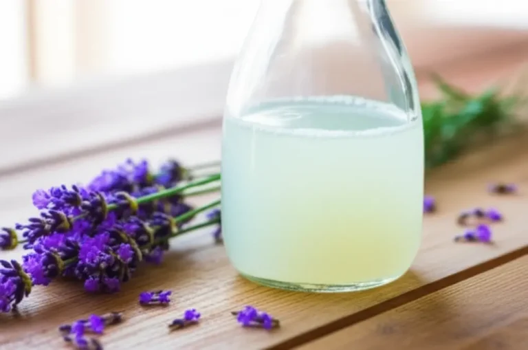 Receitas de amaciante caseiro perfumado naturalmente, com frasco e flores aromáticas.