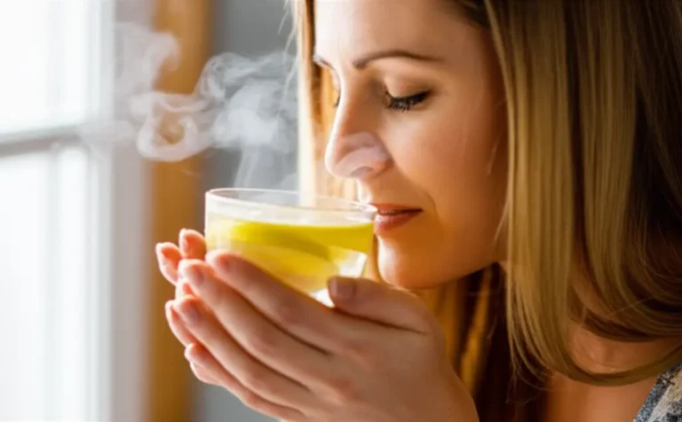 Mulher feliz bebendo chá de gengibre com limão para remédio caseiro para dor de garganta naturalmente.