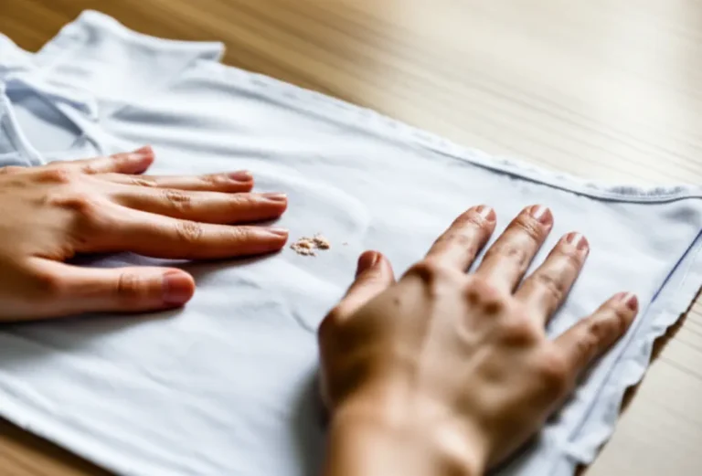 Mãos aplicando produto natural em uma roupa branca para tirar manchas de roupa branca naturalmente.