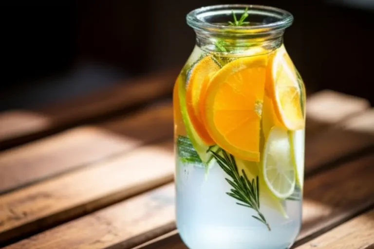 Água aromatizada naturalmente com frutas frescas e ervas em jarra de vidro transparente.