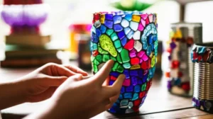 Mãos criando artesanato com reciclagem para vender, mostrando diversos produtos feitos de materiais reaproveitados.