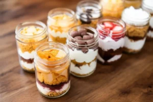 Mesa com diversos bolos de pote coloridos e saborosos prontos para vender, em embalagens atraentes.