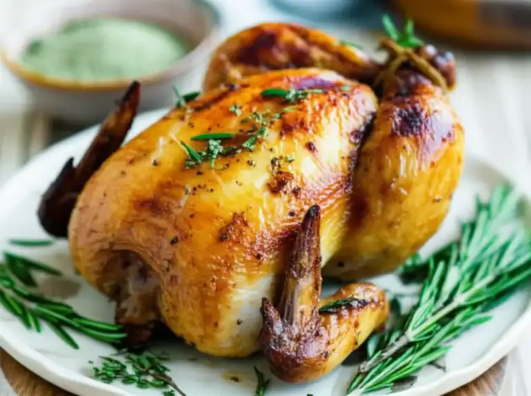 Frango assado sem óleo naturalmente, dourado e suculento, servido com ervas frescas. Uma refeição deliciosa.