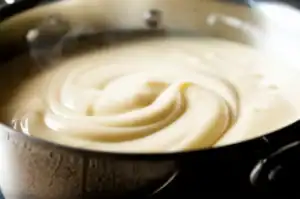 Molho branco cremoso naturalmente, fumegante em uma panela, pronto para ser servido.