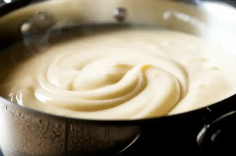 Molho branco cremoso naturalmente, fumegante em uma panela, pronto para ser servido.
