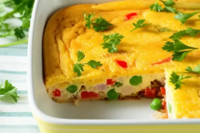 Omelete de forno recheado, dourado e fofo, com queijo derretido, legumes e ervas frescas.