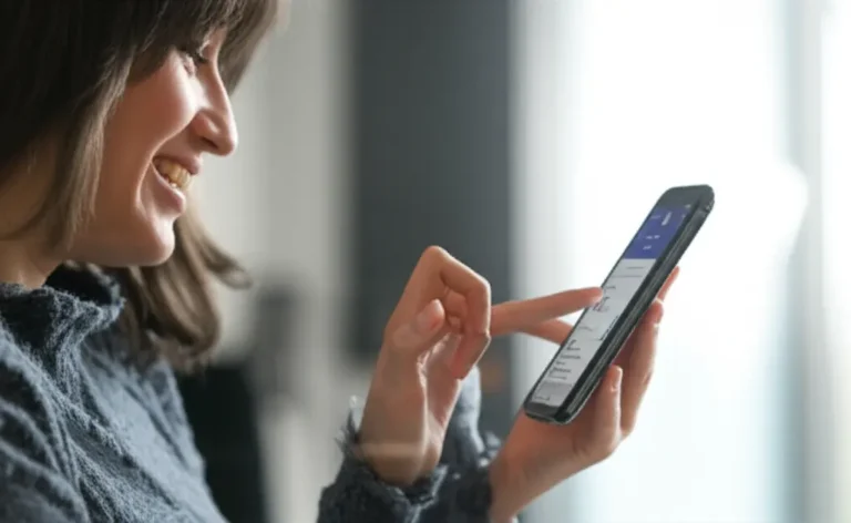 Mulher feliz gerencia seu perfil de vendas no Instagram, conquistando renda extra caseira facilmente.