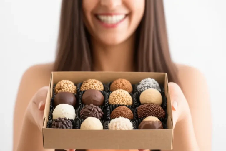 Mulher feliz segurando uma caixa de brigadeiros gourmet variados, pronta para vender brigadeiros gourmet.
