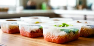 Mesa com marmitas saudáveis frescas, prontas para entrega, ilustrando o sucesso de vender marmitas saudáveis.